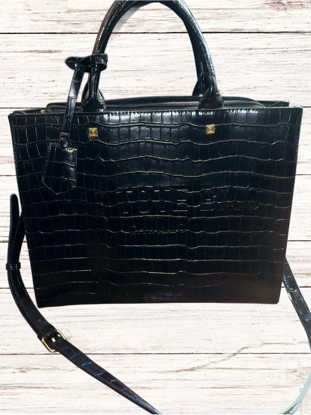 Black Croc-Embossed Top Handle Satchel Purse